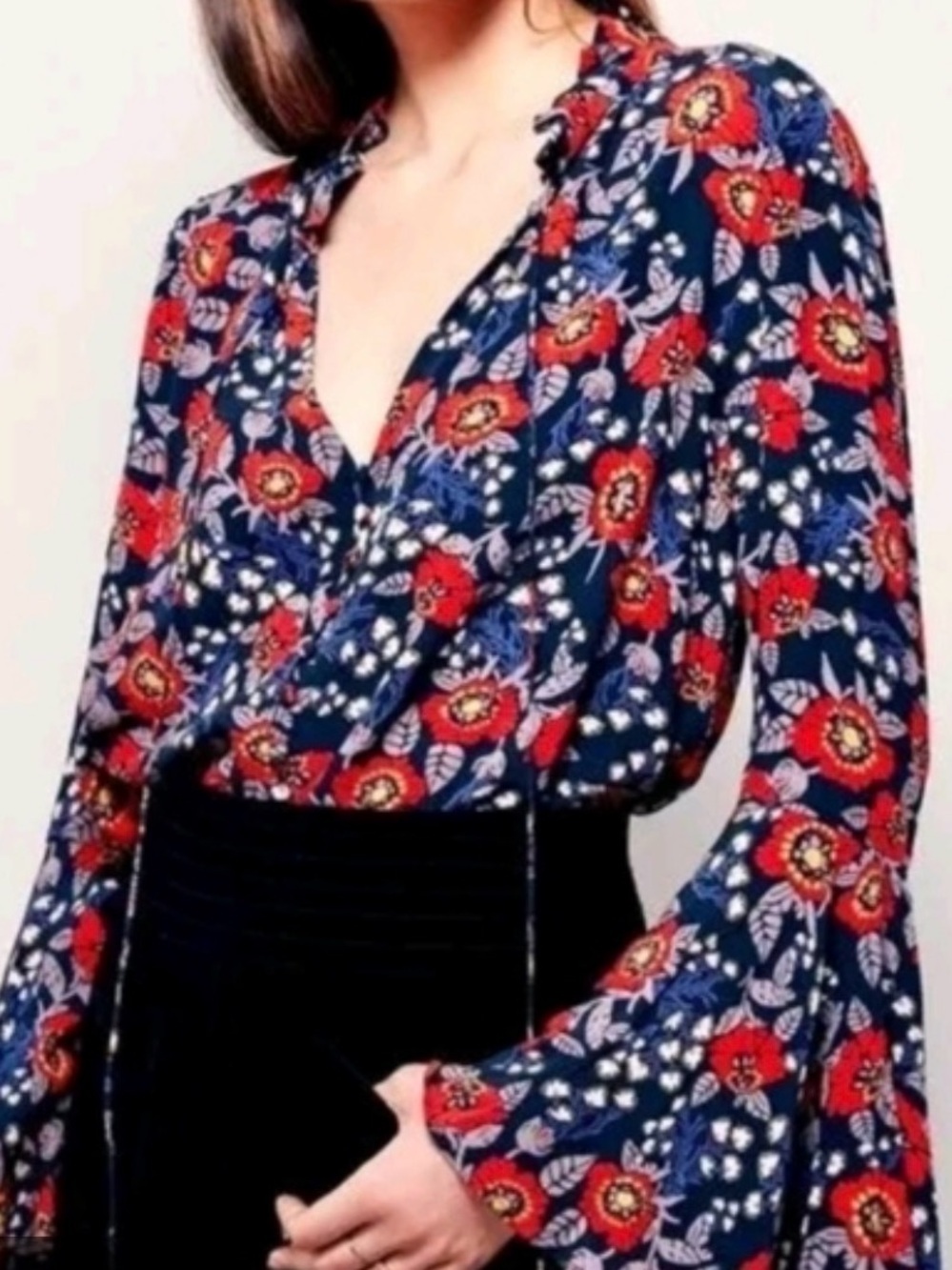 Free People Navy Floral Tie-Neck Bell Sleeve Blouse